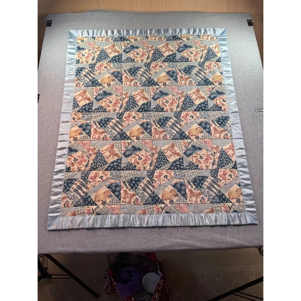 Vintage Toy Patchwork Baby Quilt Blue Satin Trim Rocking Horse Tin Soldier 35x42